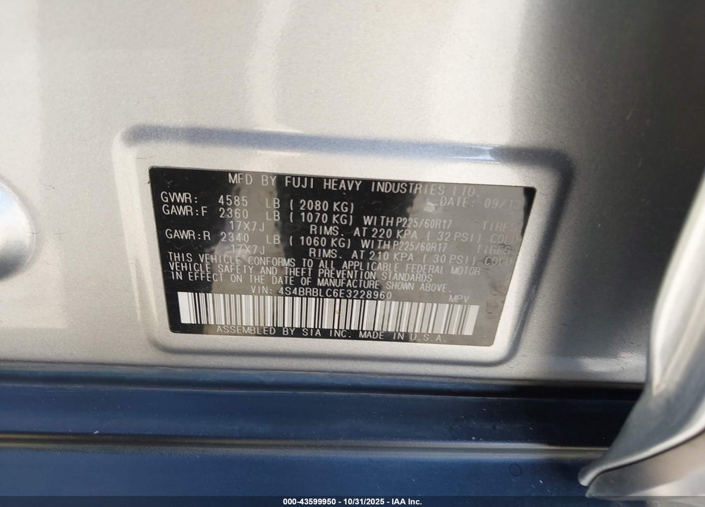 2014 SUBARU OUTBACK VIN: 4S4BRBLC6E3228960