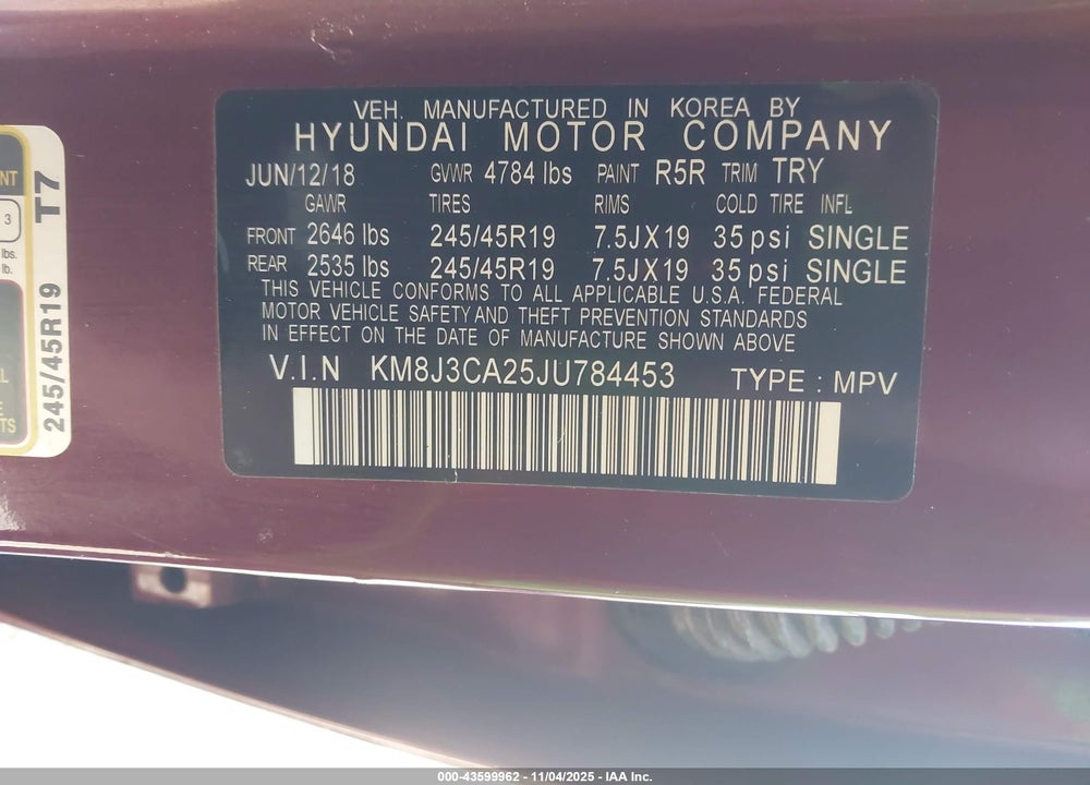 2018 HYUNDAI TUCSON VIN: KM8J3CA25JU784453