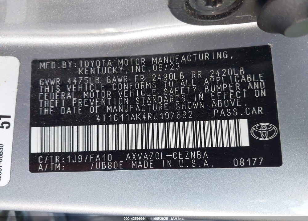 2024 TOYOTA CAMRY LE VIN: 4T1C11AK4RU197692
