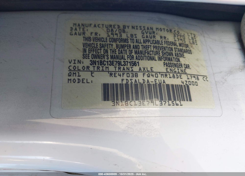 2009 NISSAN VERSA VIN: 3N1BC13E79L371561