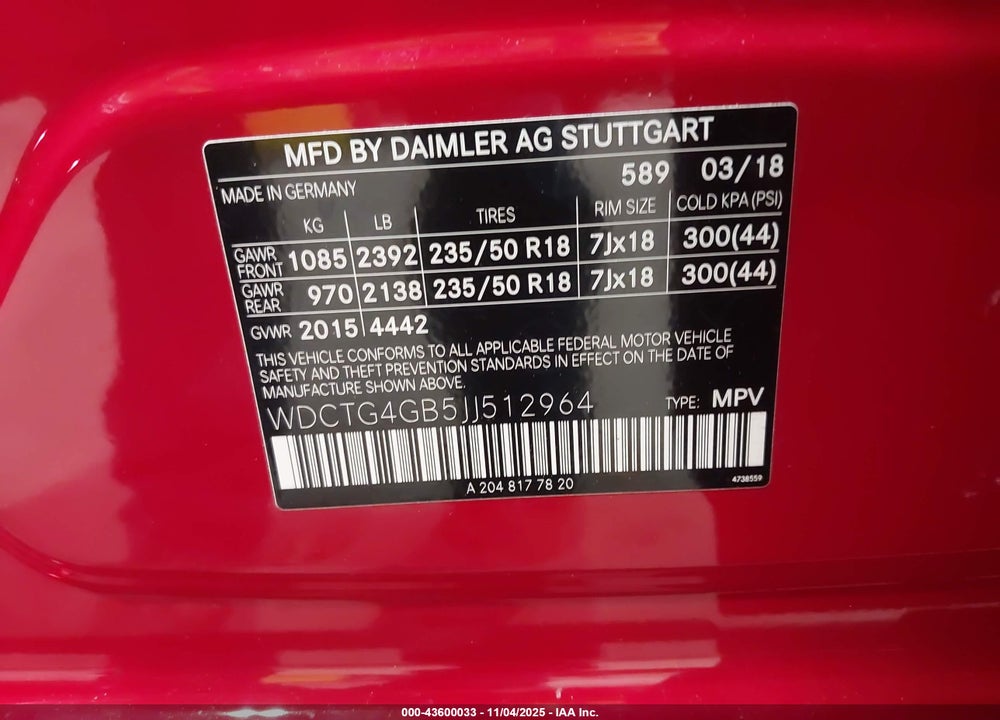 2018 MERCEDES-BENZ GLA-CLASS VIN: WDCTG4GB5JJ512964