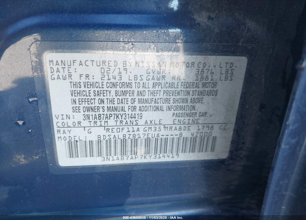 2019 NISSAN SENTRA S VIN: 3N1AB7AP7KY314419