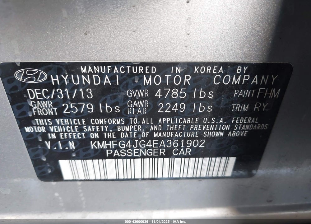 2014 HYUNDAI AZERA VIN: KMHFG4JG4EA361902