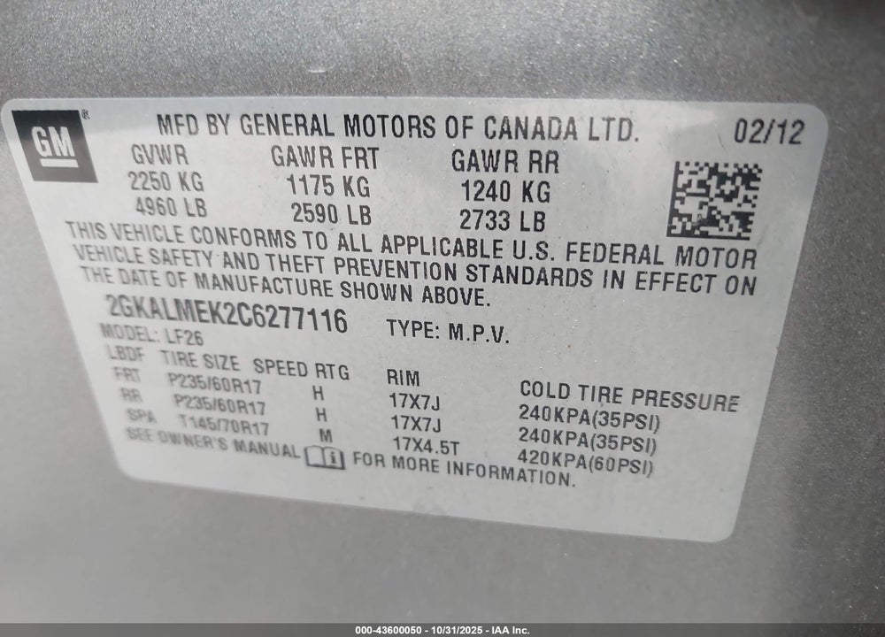 2012 GMC TERRAIN SLE-1 VIN: 2GKALMEK2C6277116