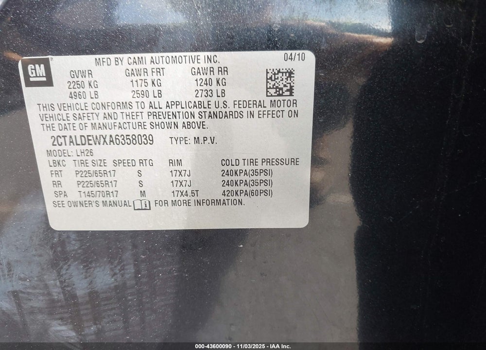 2010 GMC TERRAIN SLE-2 VIN: 2CTALDEWXA6358039