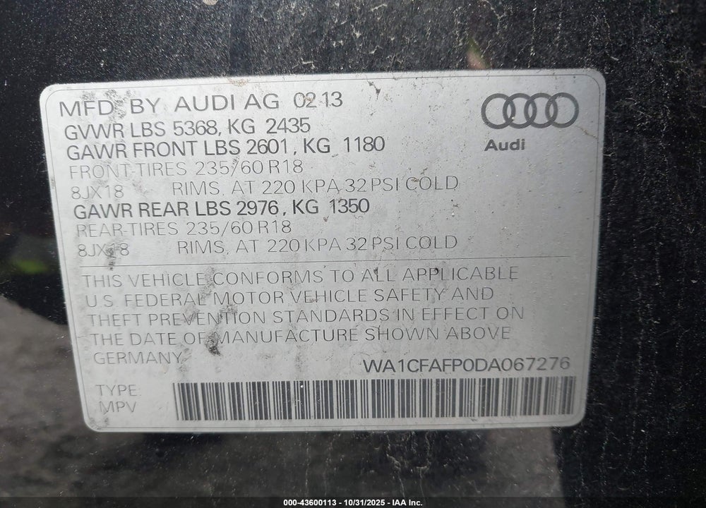 2013 AUDI Q5 VIN: WA1CFAFP0DA067276