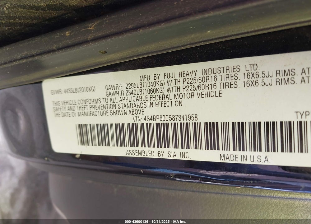 2008 SUBARU OUTBACK VIN: 4S4BP60C587341958