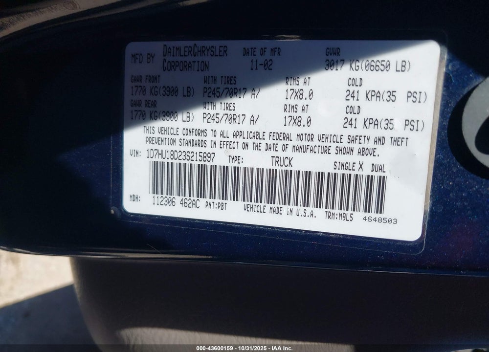 2003 DODGE RAM 1500 SLT/LARAMIE/ST VIN: 1D7HU18D23S215897