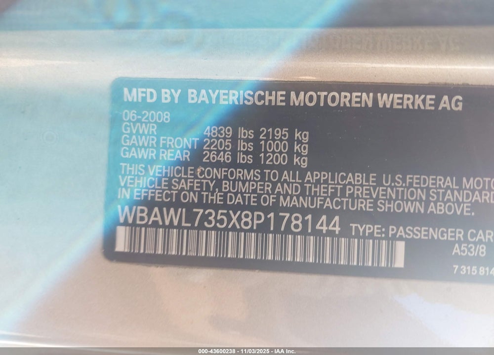 2008 BMW 335I VIN: WBAWL735X8P178144