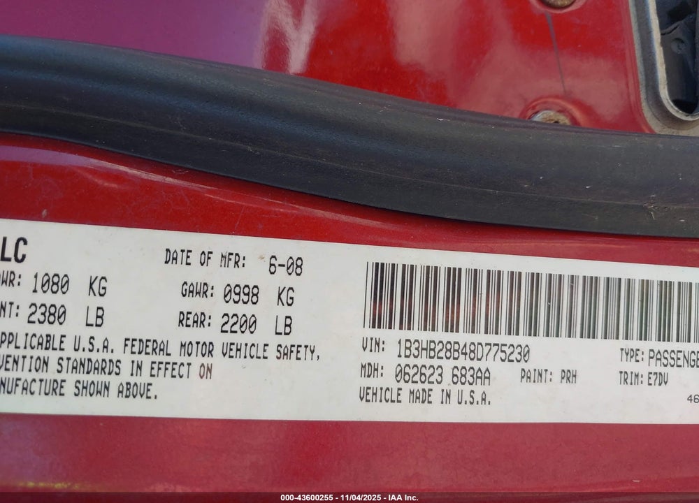 2008 DODGE CALIBER VIN: 1B3HB28B48D775230