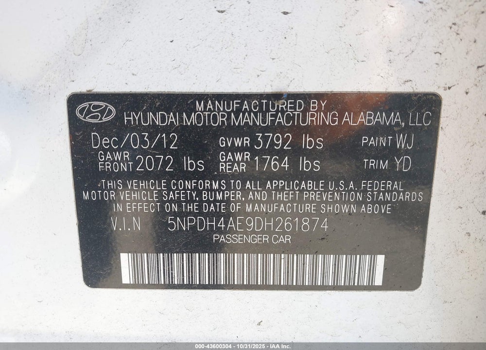 2013 HYUNDAI ELANTRA GLS VIN: 5NPDH4AE9DH261874