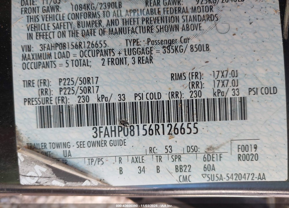 2006 FORD FUSION SEL VIN: 3FAHP08156R126655