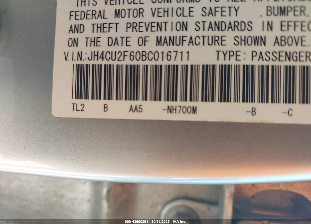 2011 ACURA TSX 2.4 VIN: JH4CU2F60BC016711