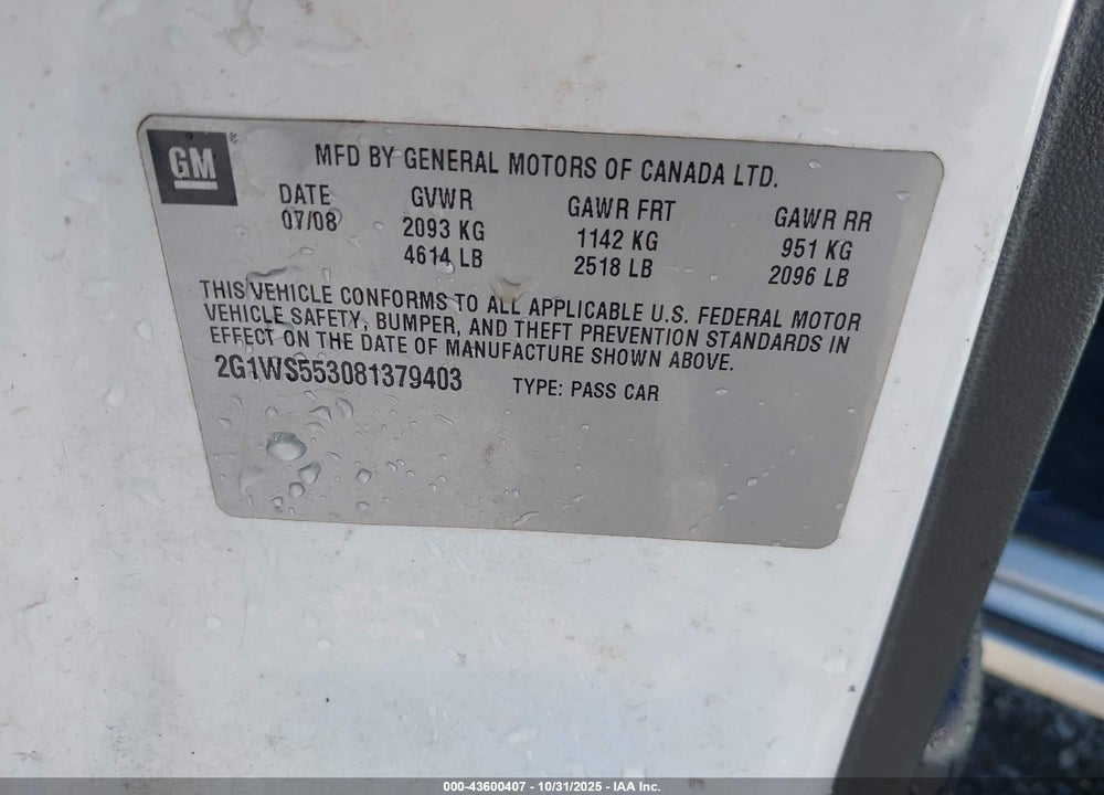 2008 CHEVROLET IMPALA POLICE VIN: 2G1WS553081379403