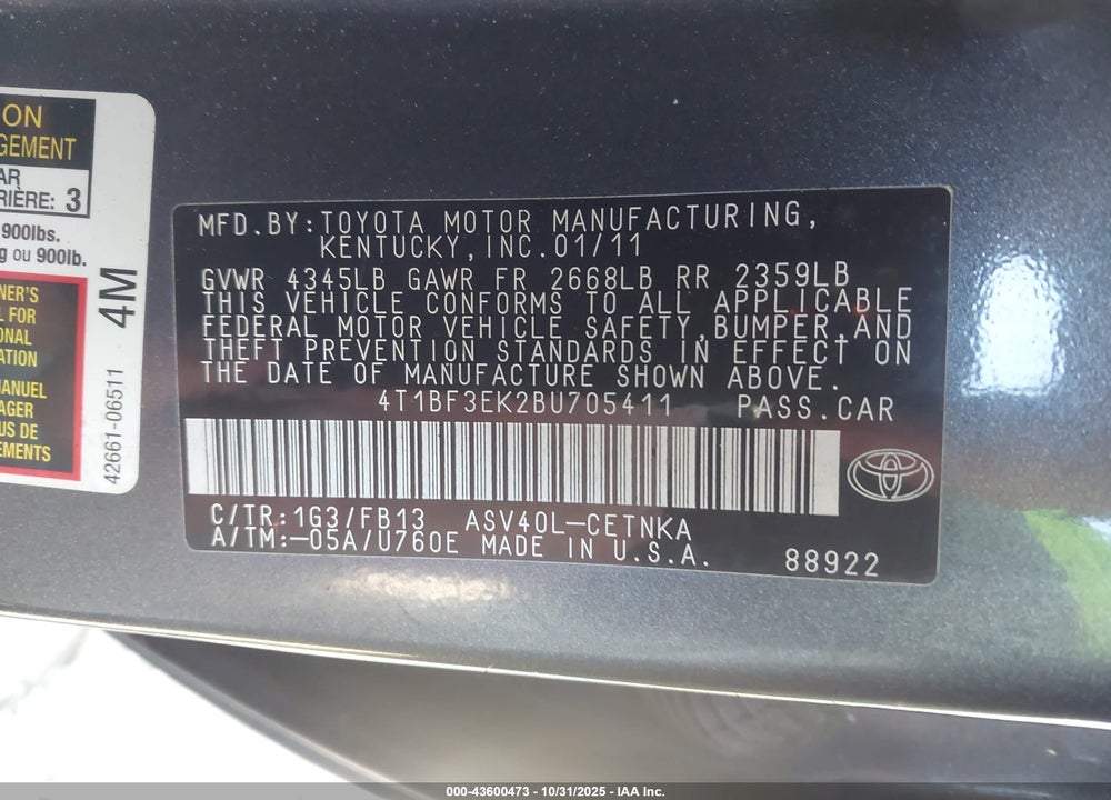 2011 TOYOTA CAMRY LE VIN: 4T1BF3EK2BU705411