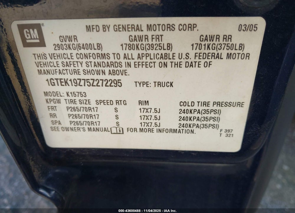 2005 GMC SIERRA 1500 SLE VIN: 1GTEK19Z75Z272295