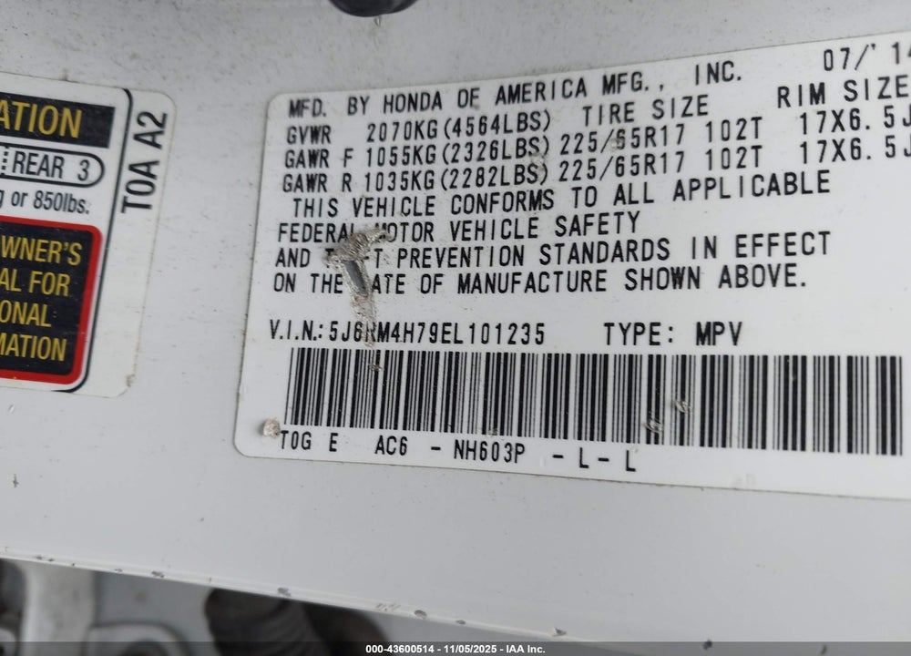 2014 HONDA CR-V EX-L VIN: 5J6RM4H79EL101235