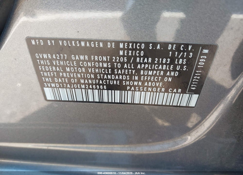 2014 VOLKSWAGEN JETTA VIN: 3VWD17AJ0EM246966