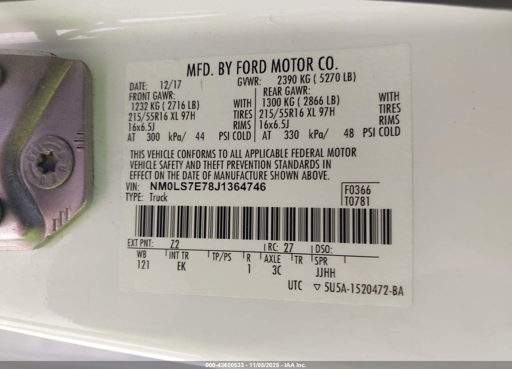 2018 FORD TRANSIT CONNECT XL VIN: NM0LS7E78J1364746