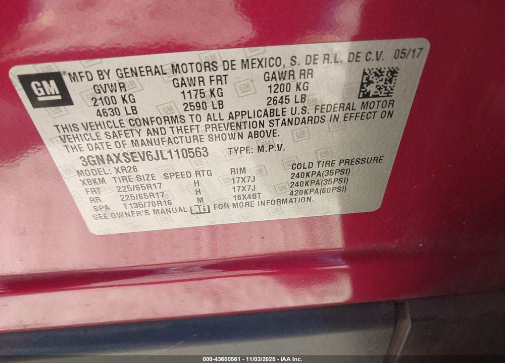 2018 CHEVROLET EQUINOX LT VIN: 3GNAXSEV6JL110563