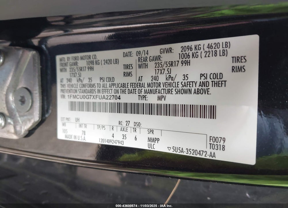 2015 FORD ESCAPE SE VIN: 1FMCU0G7XFUA22704