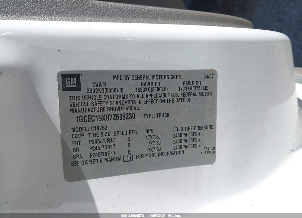 2007 CHEVROLET SILVERADO 1500 WORK TRUCK VIN: 1GCEC19X87Z608230