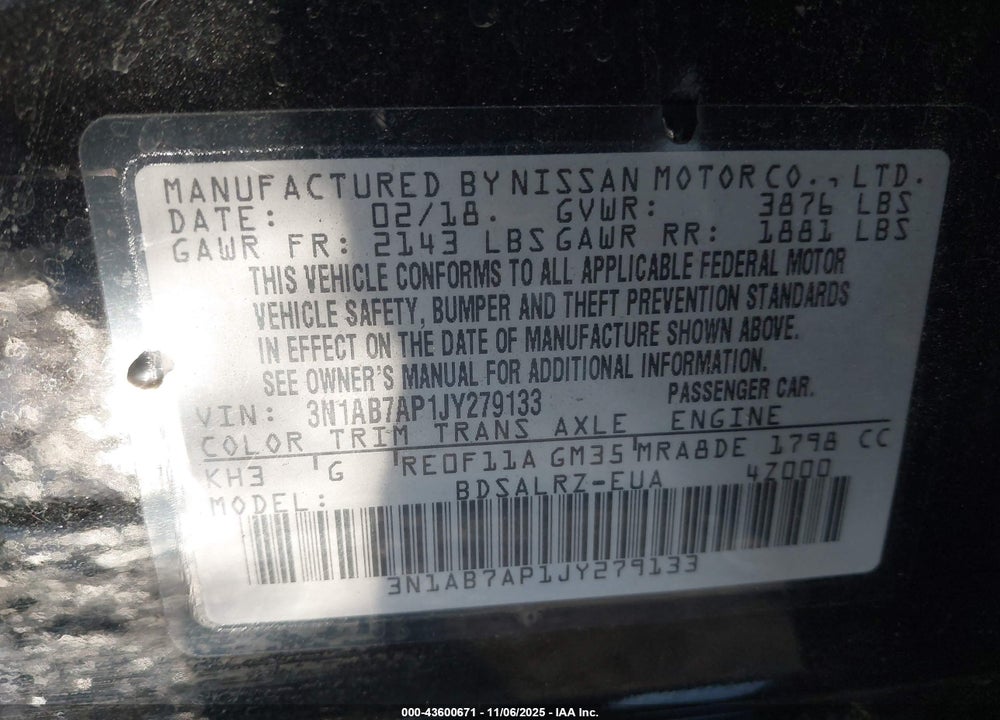 2018 NISSAN SENTRA SR VIN: 3N1AB7AP1JY279133
