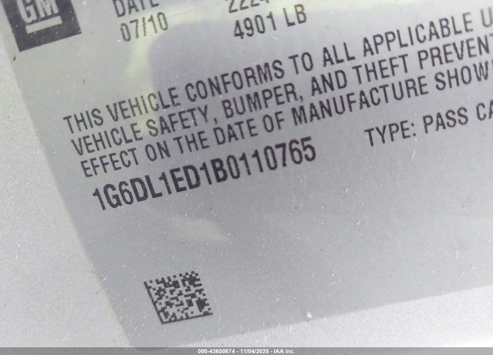 2011 CADILLAC CTS PERFORMANCE VIN: 1G6DL1ED1B0110765