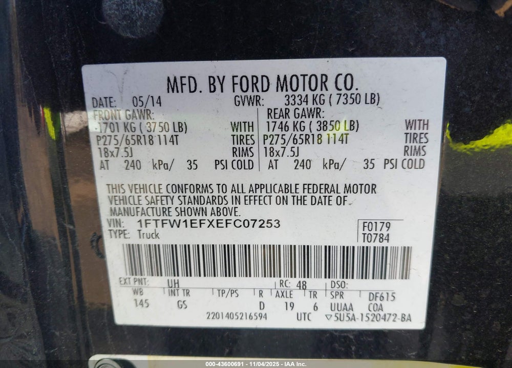 2014 FORD F-150 XLT VIN: 1FTFW1EFXEFC07253