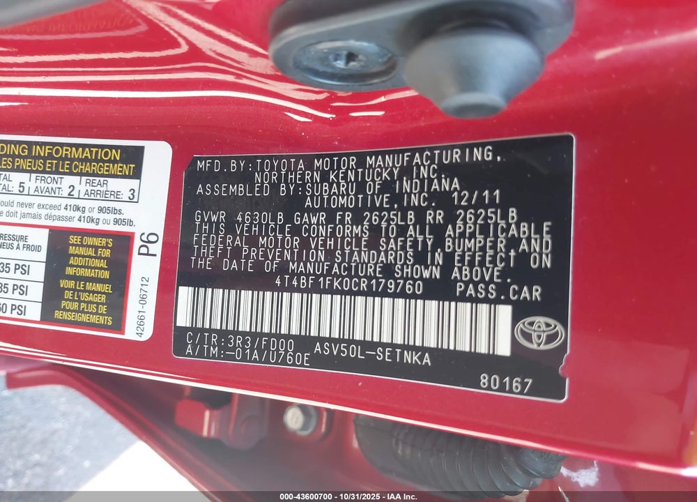 2012 TOYOTA CAMRY LE VIN: 4T4BF1FK0CR179760