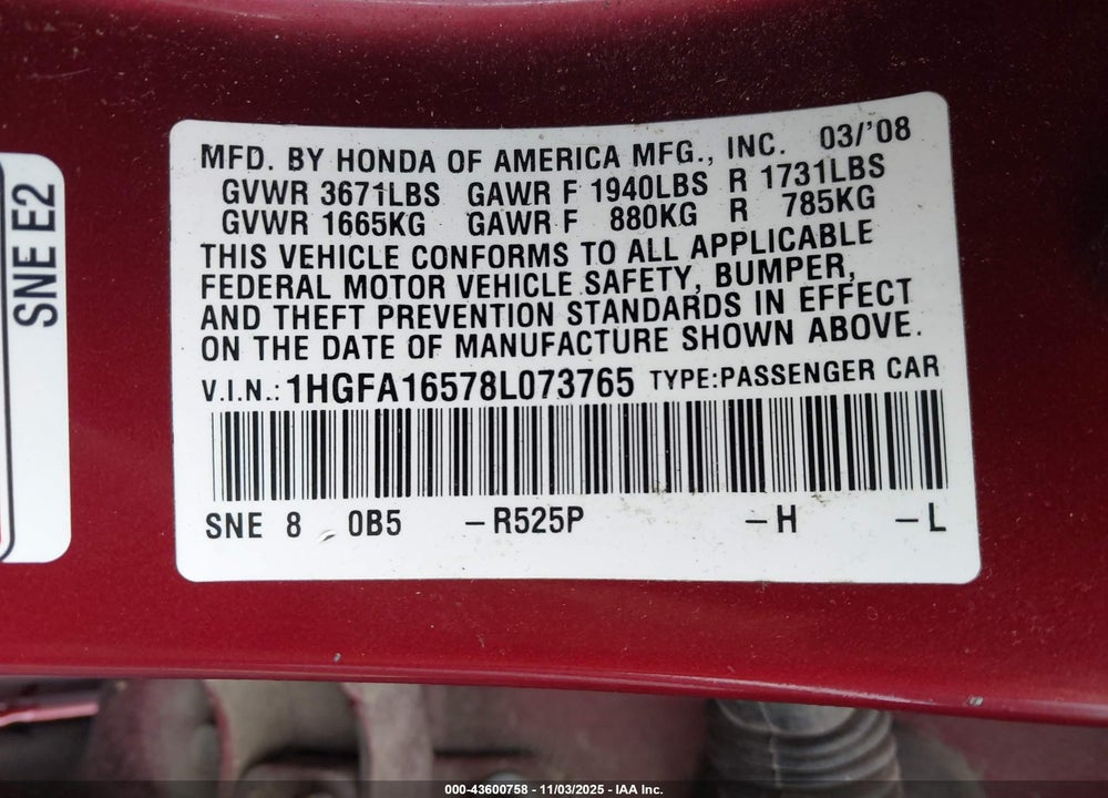 2008 HONDA CIVIC VIN: 1HGFA16578L073765