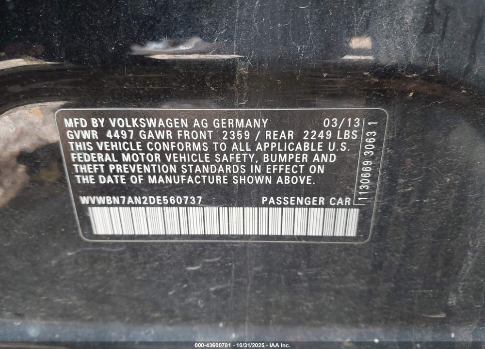 2013 VOLKSWAGEN CC VIN: WVWBN7AN2DE560737