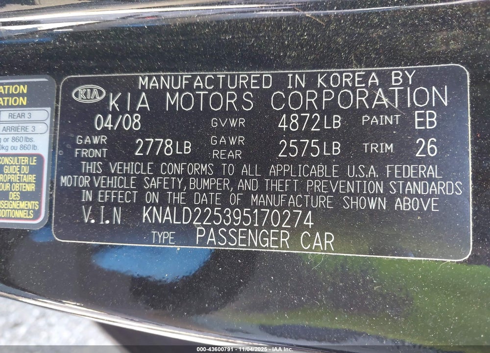2009 KIA AMANTI VIN: KNALD225395170274