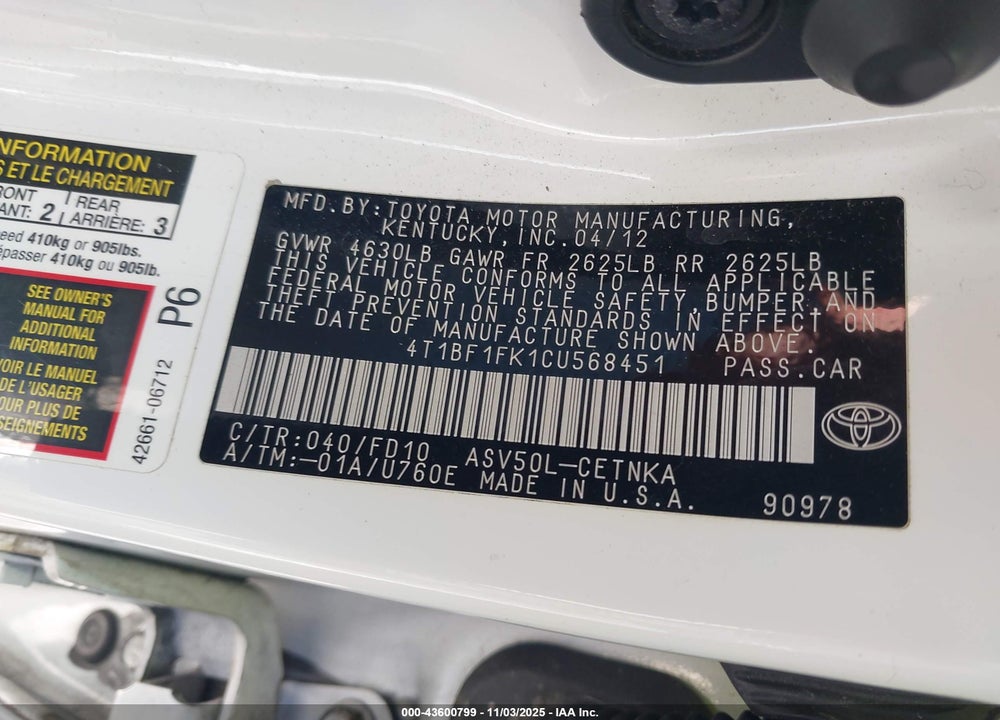 2012 TOYOTA CAMRY LE VIN: 4T1BF1FK1CU568451