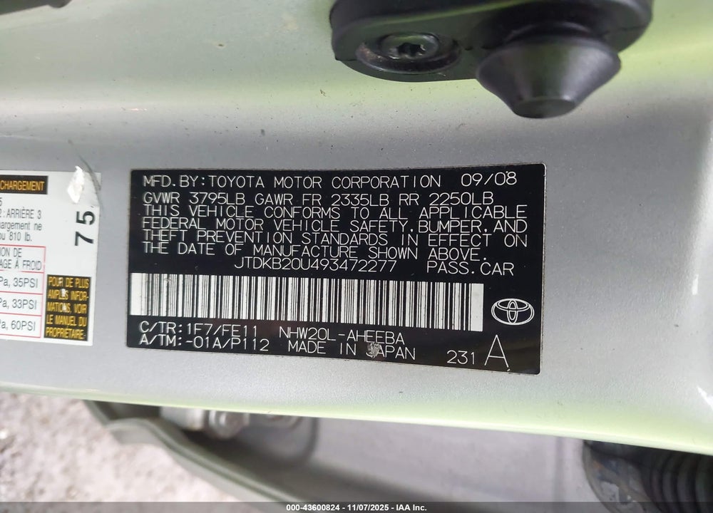 2009 TOYOTA PRIUS VIN: JTDKB20U493472277