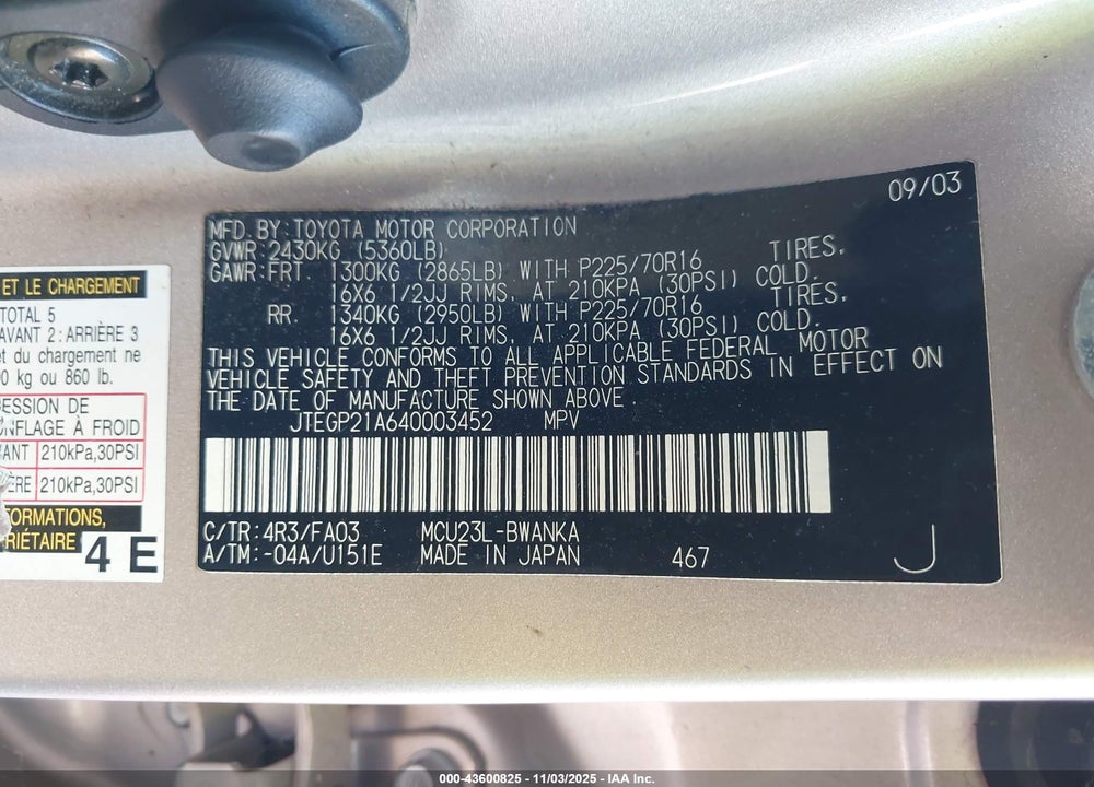 2004 TOYOTA HIGHLANDER V6 VIN: JTEGP21A640003452