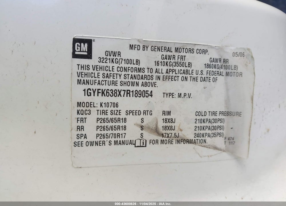 2007 CADILLAC ESCALADE STANDARD VIN: 1GYFK638X7R189054