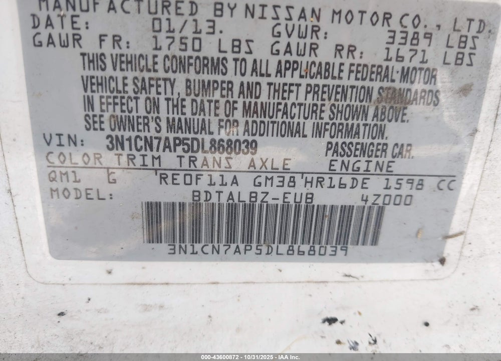 2013 NISSAN VERSA 1.6 SV VIN: 3N1CN7AP5DL868039