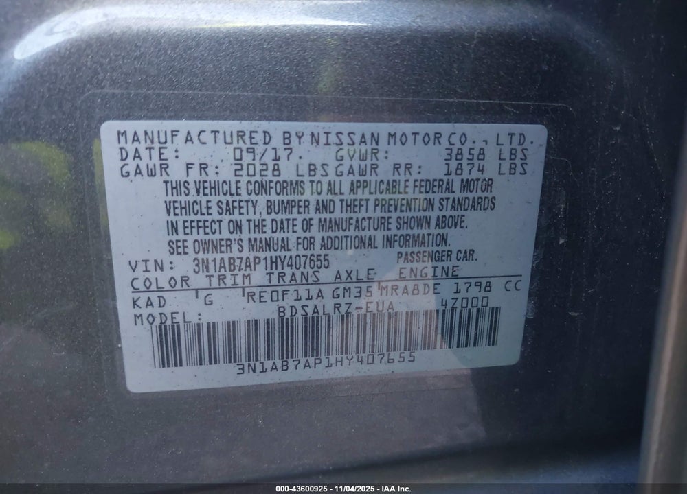 2017 NISSAN SENTRA SR VIN: 3N1AB7AP1HY407655