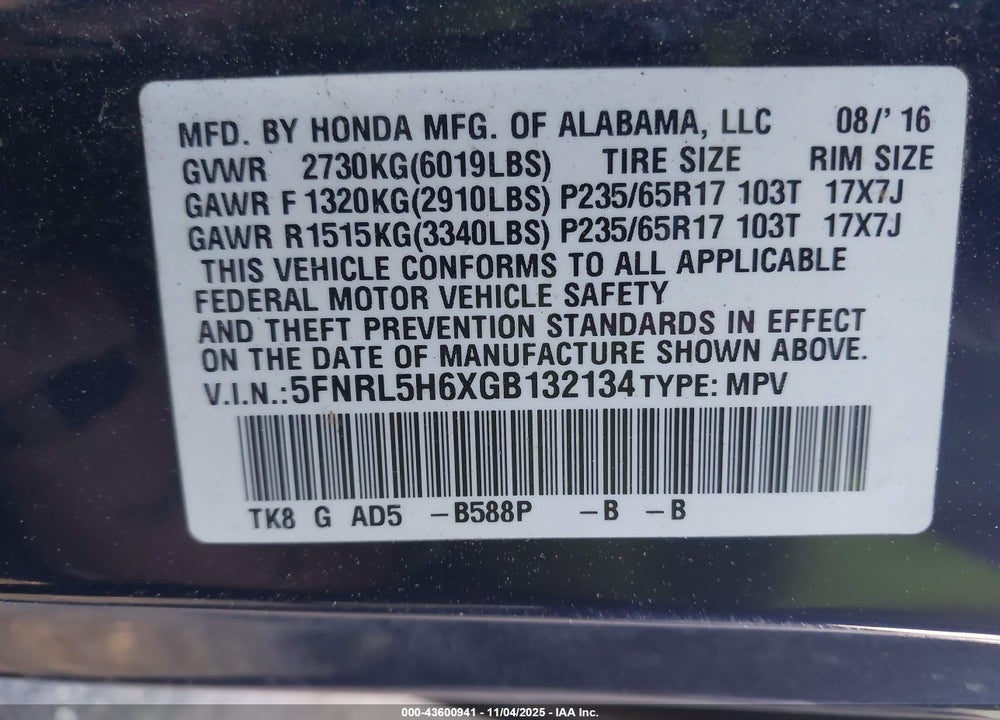 2016 HONDA ODYSSEY EX-L VIN: 5FNRL5H6XGB132134