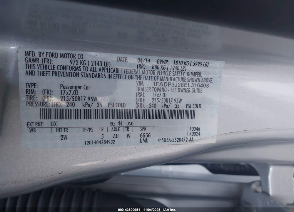 2014 FORD FOCUS VIN: 1FADP3J28EL316403