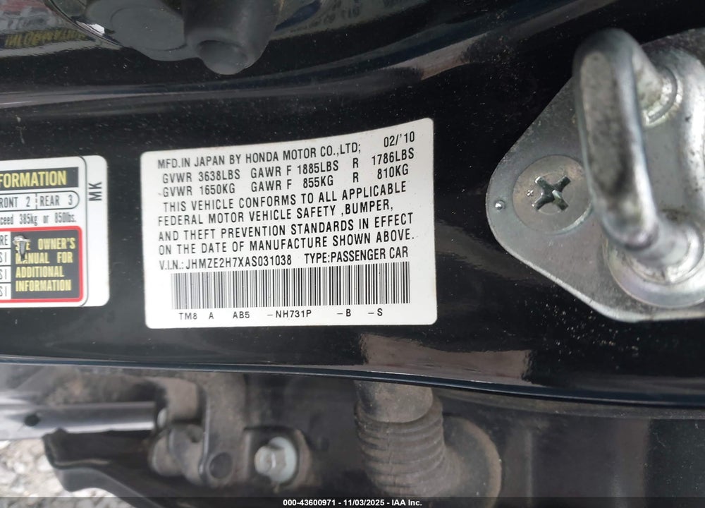 2010 HONDA INSIGHT EX VIN: JHMZE2H7XAS031038
