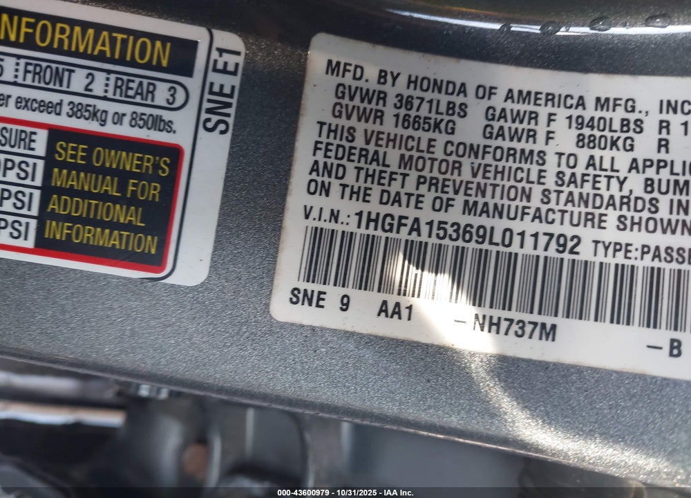 2009 HONDA CIVIC VP VIN: 1HGFA15369L011792