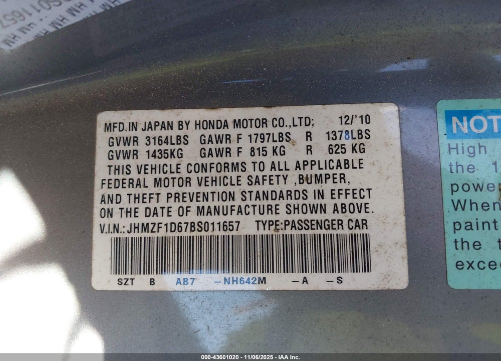 2011 HONDA CR-Z EX VIN: JHMZF1D67BS011657