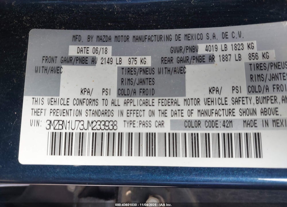 2018 MAZDA 3 VIN: 3MZBN1U73JM233938