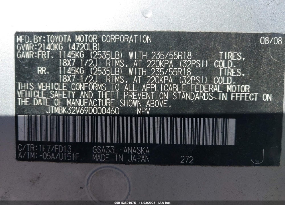 2009 TOYOTA RAV4 VIN: JTMBK32V69D000460