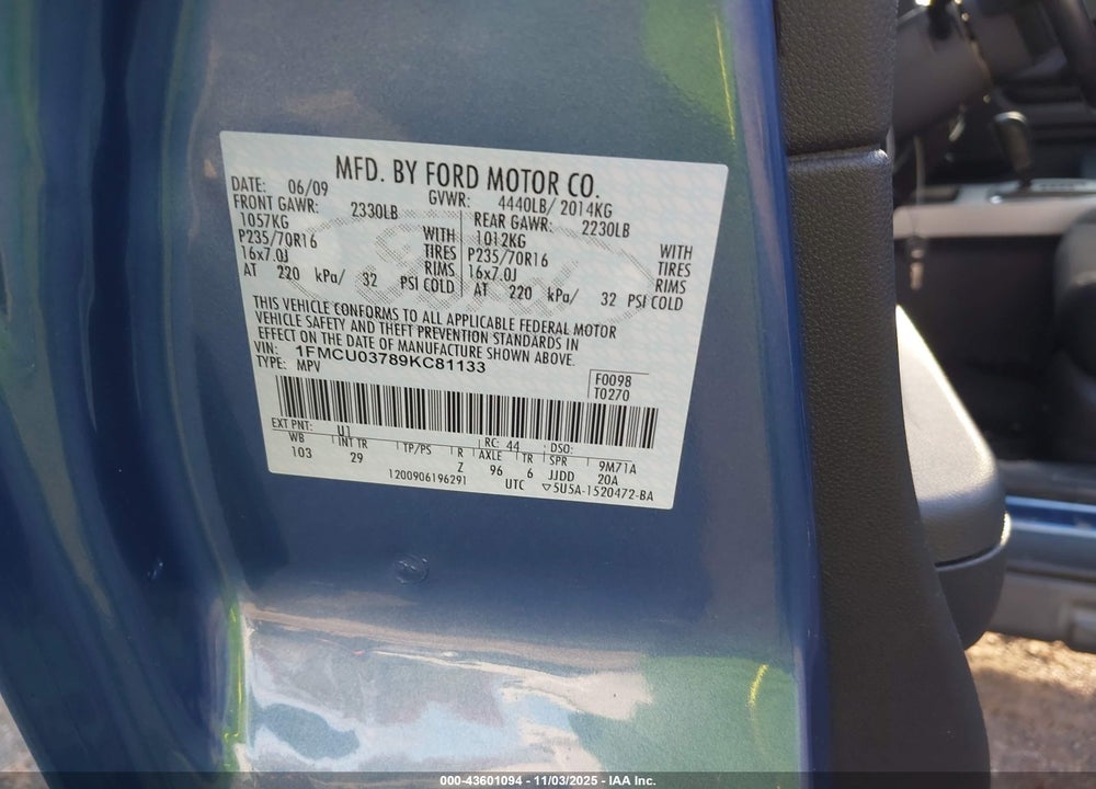 2009 FORD ESCAPE VIN: 1FMCU03789KC81133
