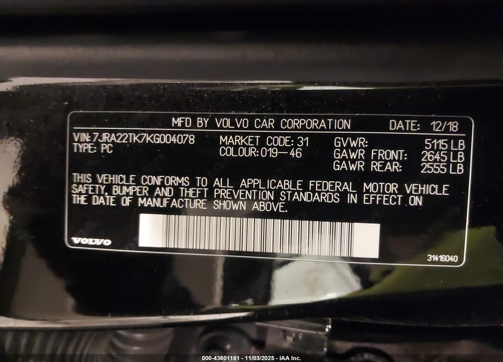 2019 VOLVO S60 MOMENTUM VIN: 7JRA22TK7KG004078