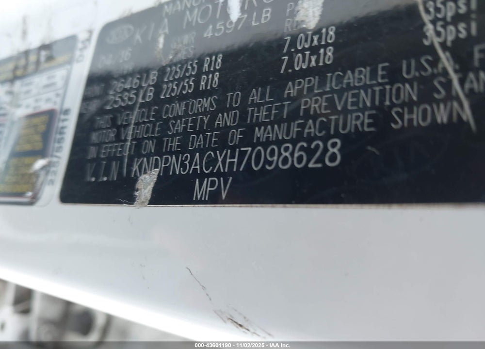 2017 KIA SPORTAGE VIN: KNDPN3ACXH7098628
