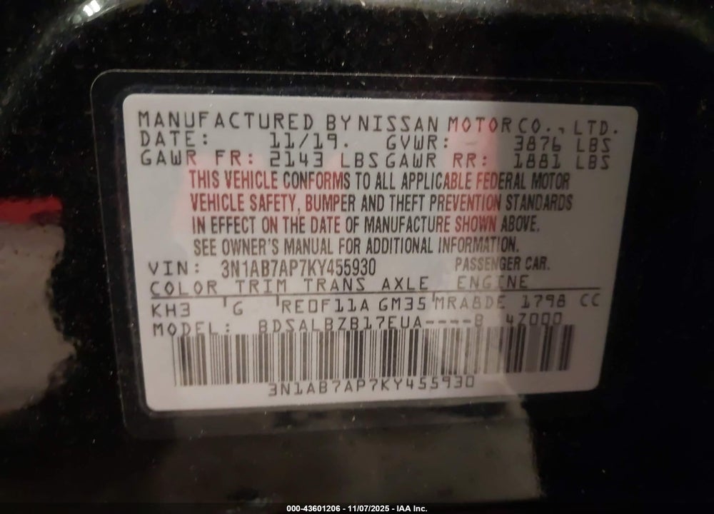 2019 NISSAN SENTRA S VIN: 3N1AB7AP7KY455930